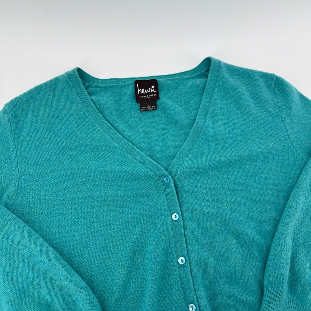 Henri Bendel New York Womens 100% Cashmere V-Neck Cardigan Teal Blue Size Large‎